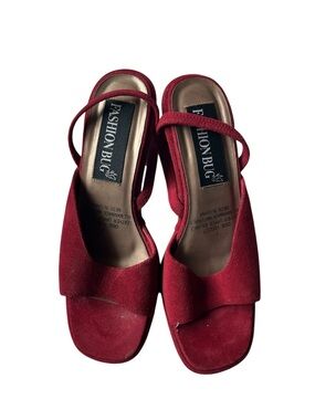 VINTAGE 90S FASHION BUG RED OPEN TOE BLOCK WEDGE HEELS ANKLE STRAP WOMENS 7
